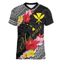 Aloha Hawaii Hibiscus and Plumeria Flowers Women V-Neck T-Shirt Kanaka Maoli Tattoo Polynesian Pattern LT03 Female Black - Polynesian Pride