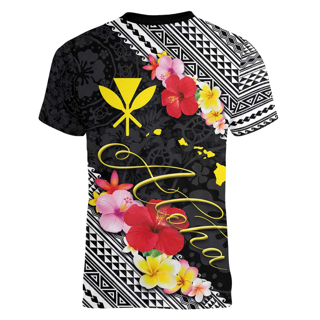 Aloha Hawaii Hibiscus and Plumeria Flowers Women V-Neck T-Shirt Kanaka Maoli Tattoo Polynesian Pattern LT03 - Polynesian Pride
