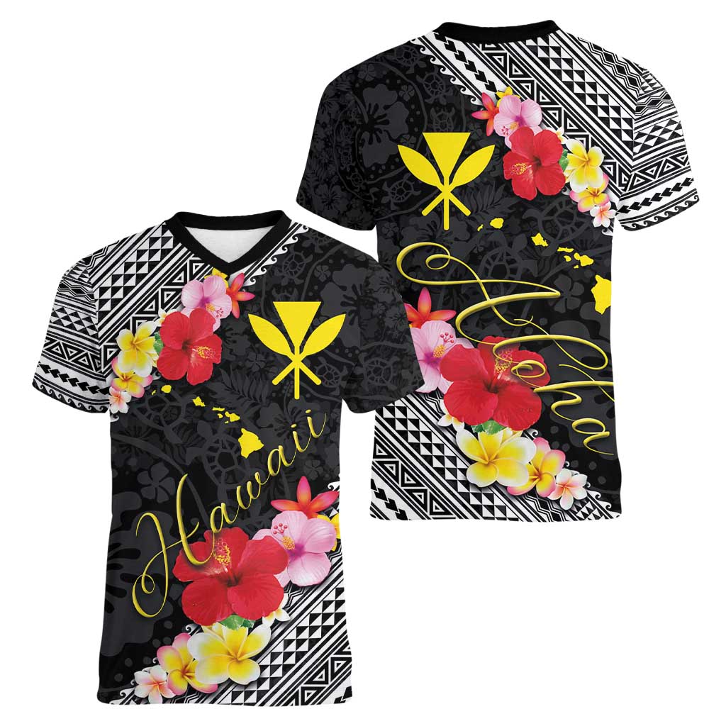 Aloha Hawaii Hibiscus and Plumeria Flowers Women V-Neck T-Shirt Kanaka Maoli Tattoo Polynesian Pattern LT03 - Polynesian Pride