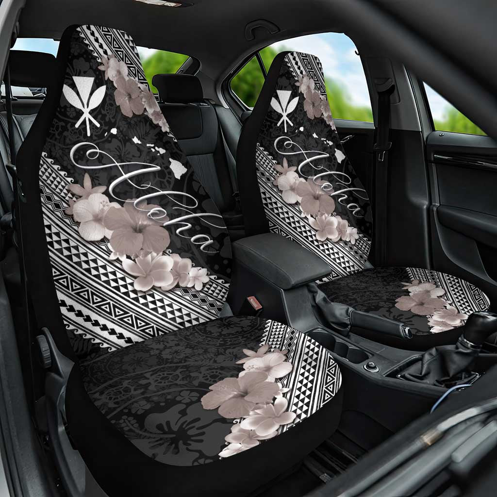 Aloha Hawaii Hibiscus and Plumeria Flowers Car Seat Cover Kanaka Maoli Tattoo Polynesian Pattern Gray Color LT03 One Size Black - Polynesian Pride