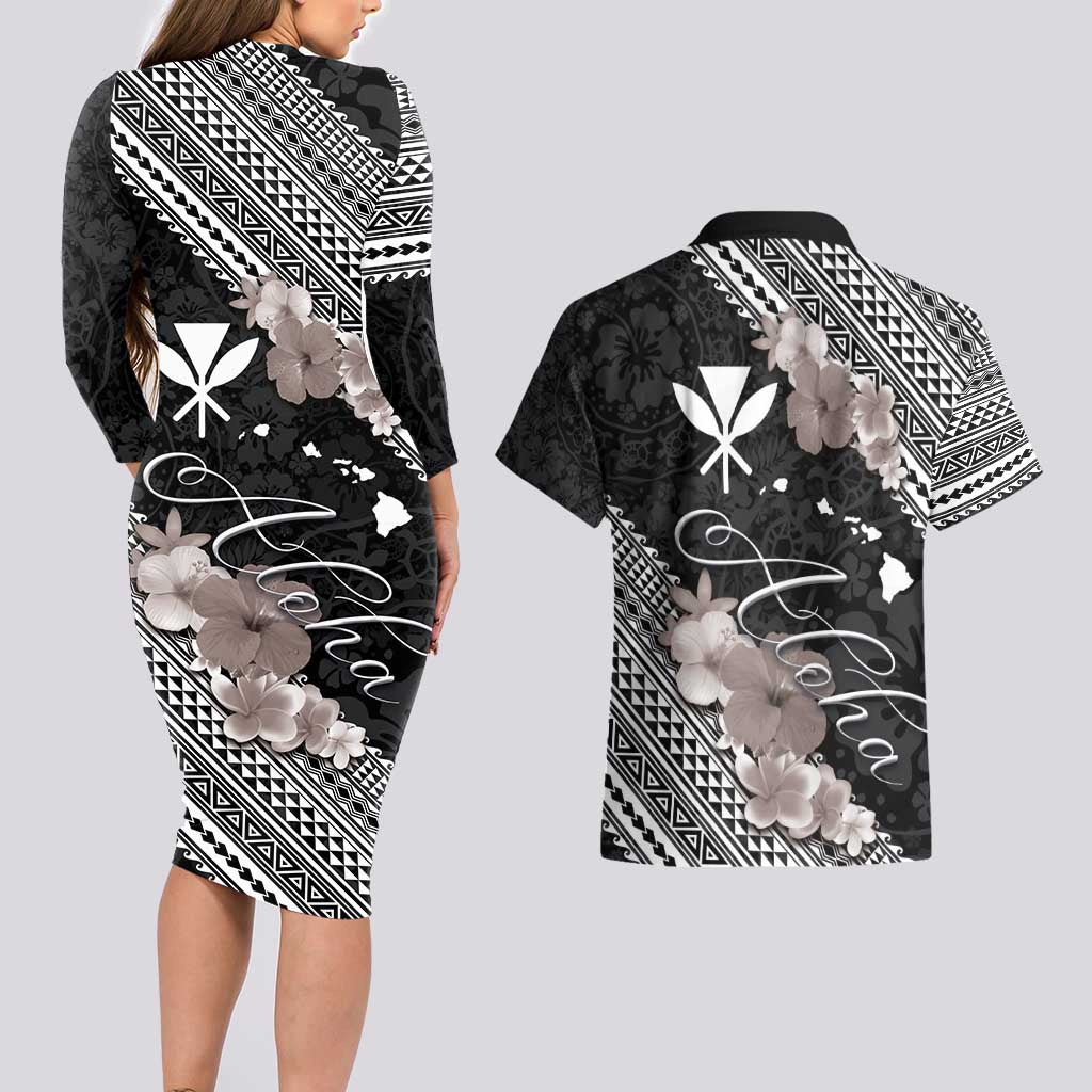 Aloha Hawaii Hibiscus and Plumeria Flowers Couples Matching Long Sleeve Bodycon Dress and Hawaiian Shirt Kanaka Maoli Tattoo Polynesian Pattern Gray Color LT03 - Polynesian Pride