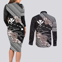 Aloha Hawaii Hibiscus and Plumeria Flowers Couples Matching Long Sleeve Bodycon Dress and Long Sleeve Button Shirt Kanaka Maoli Tattoo Polynesian Pattern Gray Color LT03 - Polynesian Pride