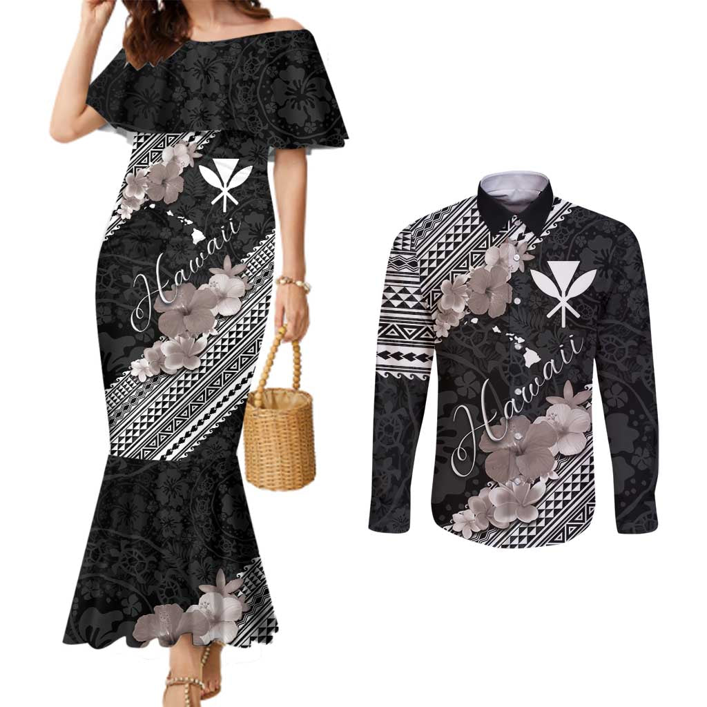 Aloha Hawaii Hibiscus and Plumeria Flowers Couples Matching Mermaid Dress and Long Sleeve Button Shirt Kanaka Maoli Tattoo Polynesian Pattern Gray Color LT03 Black - Polynesian Pride