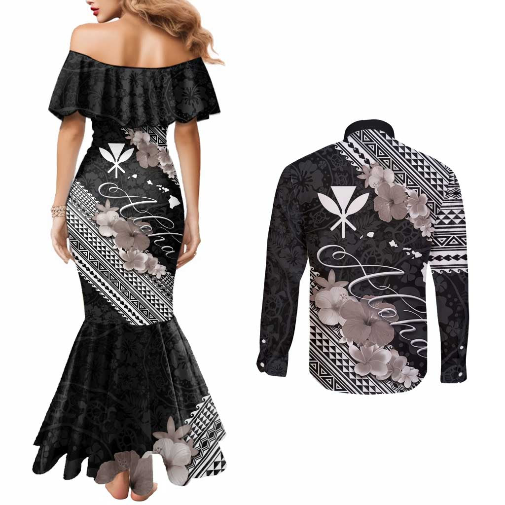 Aloha Hawaii Hibiscus and Plumeria Flowers Couples Matching Mermaid Dress and Long Sleeve Button Shirt Kanaka Maoli Tattoo Polynesian Pattern Gray Color LT03 - Polynesian Pride