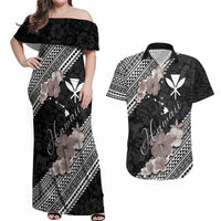 Aloha Hawaii Hibiscus and Plumeria Flowers Couples Matching Off Shoulder Maxi Dress and Hawaiian Shirt Kanaka Maoli Tattoo Polynesian Pattern Gray Color LT03 Black - Polynesian Pride