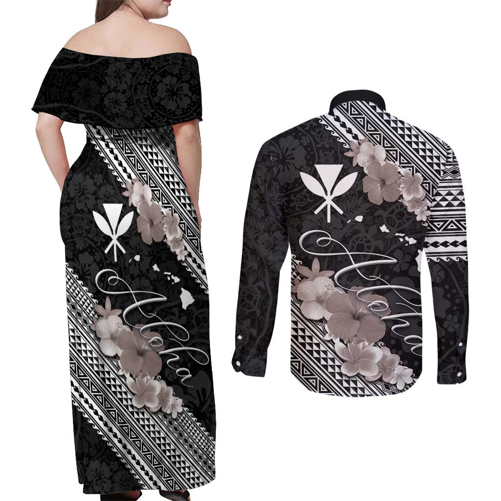 Aloha Hawaii Hibiscus and Plumeria Flowers Couples Matching Off Shoulder Maxi Dress and Long Sleeve Button Shirt Kanaka Maoli Tattoo Polynesian Pattern Gray Color LT03 - Polynesian Pride