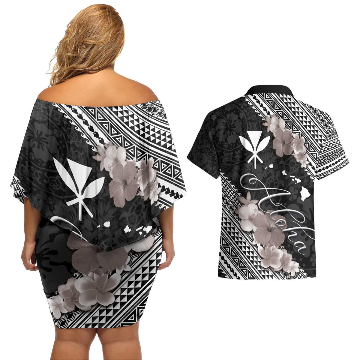 Aloha Hawaii Hibiscus and Plumeria Flowers Couples Matching Off Shoulder Short Dress and Hawaiian Shirt Kanaka Maoli Tattoo Polynesian Pattern Gray Color LT03 - Polynesian Pride