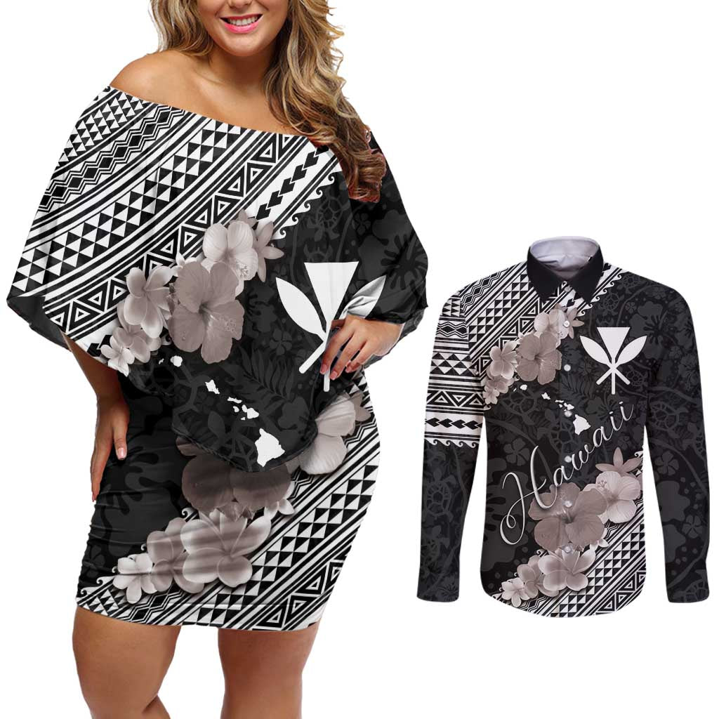 Aloha Hawaii Hibiscus and Plumeria Flowers Couples Matching Off Shoulder Short Dress and Long Sleeve Button Shirt Kanaka Maoli Tattoo Polynesian Pattern Gray Color