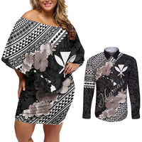 Aloha Hawaii Hibiscus and Plumeria Flowers Couples Matching Off Shoulder Short Dress and Long Sleeve Button Shirt Kanaka Maoli Tattoo Polynesian Pattern Gray Color LT03 Black - Polynesian Pride