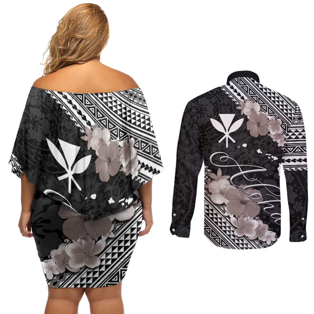 Aloha Hawaii Hibiscus and Plumeria Flowers Couples Matching Off Shoulder Short Dress and Long Sleeve Button Shirt Kanaka Maoli Tattoo Polynesian Pattern Gray Color LT03 - Polynesian Pride