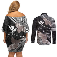 Aloha Hawaii Hibiscus and Plumeria Flowers Couples Matching Off Shoulder Short Dress and Long Sleeve Button Shirt Kanaka Maoli Tattoo Polynesian Pattern Gray Color LT03 - Polynesian Pride