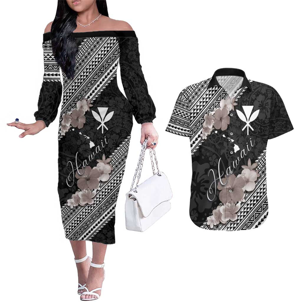 Aloha Hawaii Hibiscus and Plumeria Flowers Couples Matching Off The Shoulder Long Sleeve Dress and Hawaiian Shirt Kanaka Maoli Tattoo Polynesian Pattern Gray Color