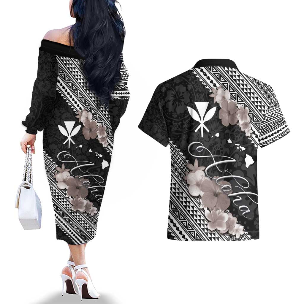 Aloha Hawaii Hibiscus and Plumeria Flowers Couples Matching Off The Shoulder Long Sleeve Dress and Hawaiian Shirt Kanaka Maoli Tattoo Polynesian Pattern Gray Color LT03 - Polynesian Pride