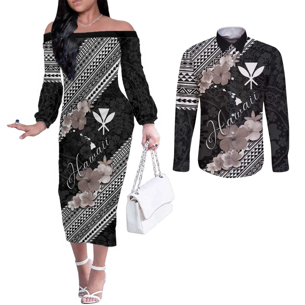Aloha Hawaii Hibiscus and Plumeria Flowers Couples Matching Off The Shoulder Long Sleeve Dress and Long Sleeve Button Shirt Kanaka Maoli Tattoo Polynesian Pattern Gray Color LT03 Black - Polynesian Pride