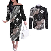 Aloha Hawaii Hibiscus and Plumeria Flowers Couples Matching Off The Shoulder Long Sleeve Dress and Long Sleeve Button Shirt Kanaka Maoli Tattoo Polynesian Pattern Gray Color LT03 Black - Polynesian Pride