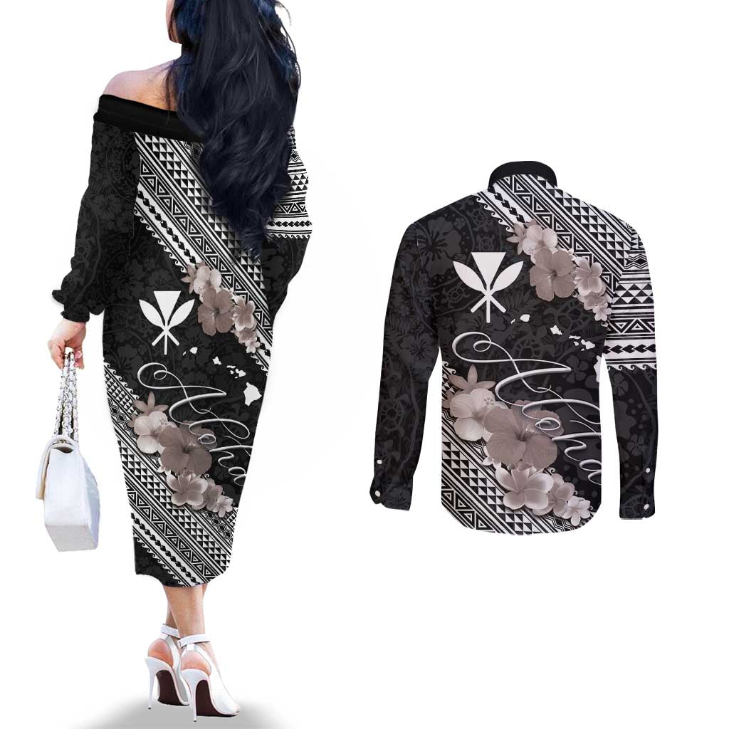 Aloha Hawaii Hibiscus and Plumeria Flowers Couples Matching Off The Shoulder Long Sleeve Dress and Long Sleeve Button Shirt Kanaka Maoli Tattoo Polynesian Pattern Gray Color LT03 - Polynesian Pride