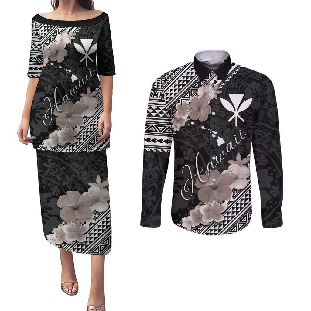 Aloha Hawaii Hibiscus and Plumeria Flowers Couples Matching Puletasi and Long Sleeve Button Shirt Kanaka Maoli Tattoo Polynesian Pattern Gray Color LT03 Black - Polynesian Pride