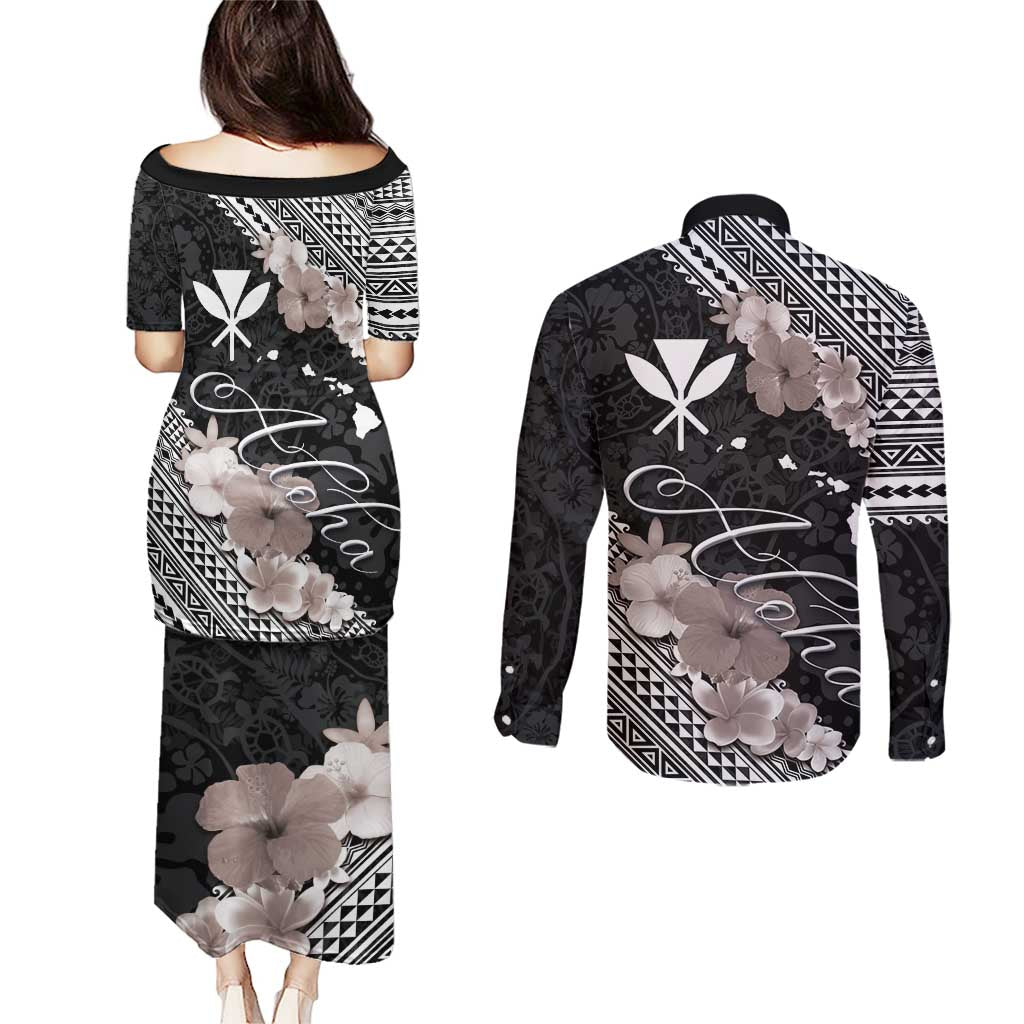 Aloha Hawaii Hibiscus and Plumeria Flowers Couples Matching Puletasi and Long Sleeve Button Shirt Kanaka Maoli Tattoo Polynesian Pattern Gray Color LT03 - Polynesian Pride