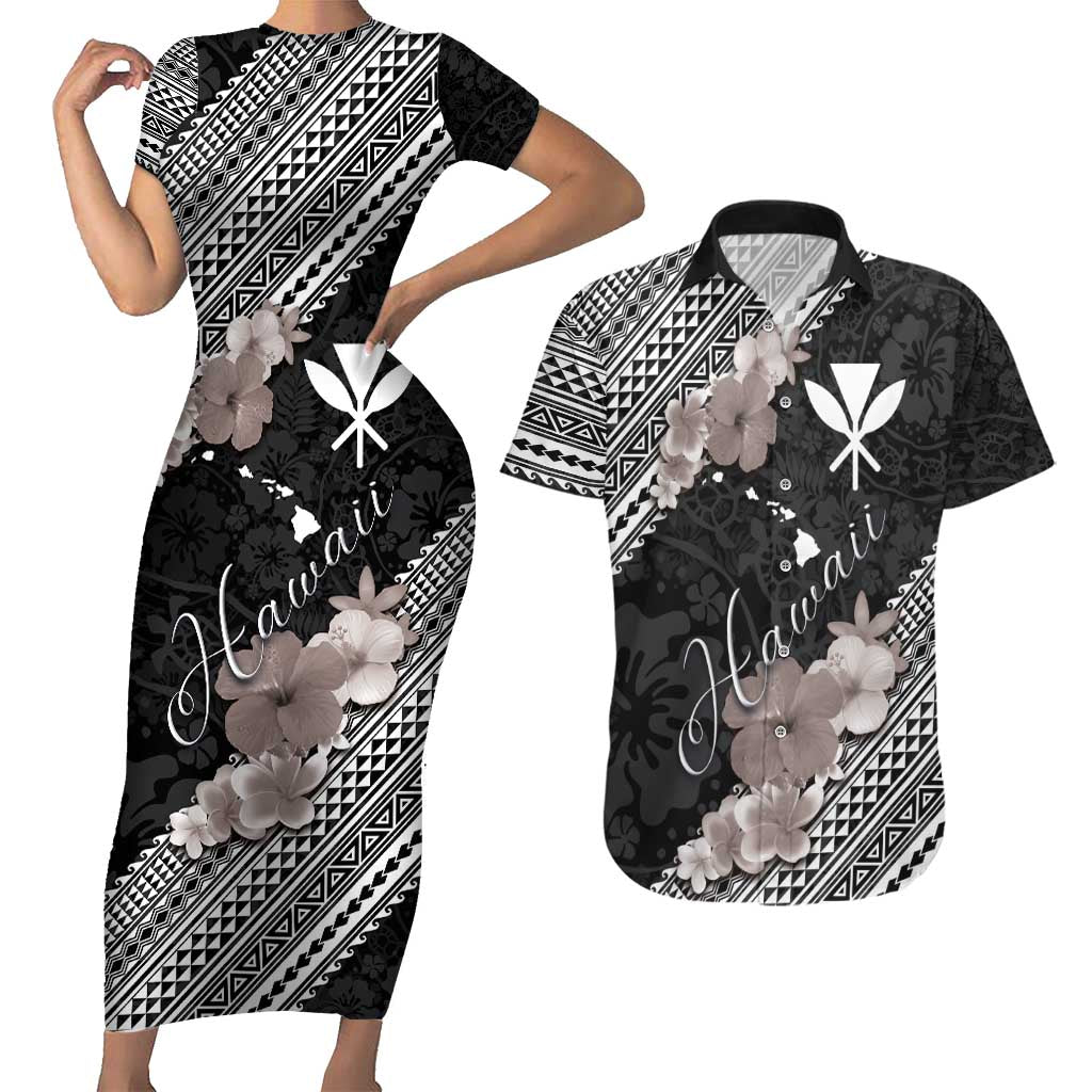 Aloha Hawaii Hibiscus and Plumeria Flowers Couples Matching Short Sleeve Bodycon Dress and Hawaiian Shirt Kanaka Maoli Tattoo Polynesian Pattern Gray Color LT03 Black - Polynesian Pride
