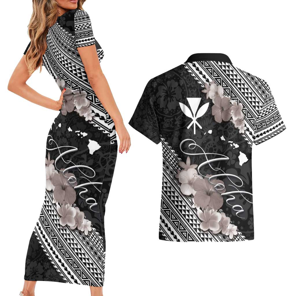 Aloha Hawaii Hibiscus and Plumeria Flowers Couples Matching Short Sleeve Bodycon Dress and Hawaiian Shirt Kanaka Maoli Tattoo Polynesian Pattern Gray Color LT03 - Polynesian Pride