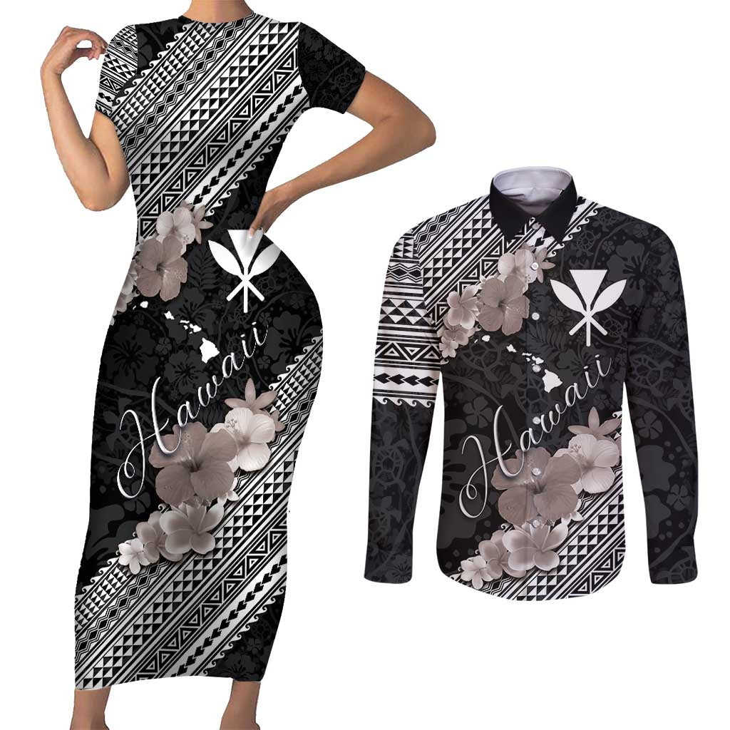 Aloha Hawaii Hibiscus and Plumeria Flowers Couples Matching Short Sleeve Bodycon Dress and Long Sleeve Button Shirt Kanaka Maoli Tattoo Polynesian Pattern Gray Color