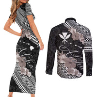Aloha Hawaii Hibiscus and Plumeria Flowers Couples Matching Short Sleeve Bodycon Dress and Long Sleeve Button Shirt Kanaka Maoli Tattoo Polynesian Pattern Gray Color LT03 - Polynesian Pride
