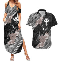 Aloha Hawaii Hibiscus and Plumeria Flowers Couples Matching Summer Maxi Dress and Hawaiian Shirt Kanaka Maoli Tattoo Polynesian Pattern Gray Color LT03 Black - Polynesian Pride