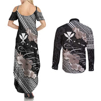 Aloha Hawaii Hibiscus and Plumeria Flowers Couples Matching Summer Maxi Dress and Long Sleeve Button Shirt Kanaka Maoli Tattoo Polynesian Pattern Gray Color LT03 - Polynesian Pride