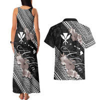 Aloha Hawaii Hibiscus and Plumeria Flowers Couples Matching Tank Maxi Dress and Hawaiian Shirt Kanaka Maoli Tattoo Polynesian Pattern Gray Color LT03 - Polynesian Pride