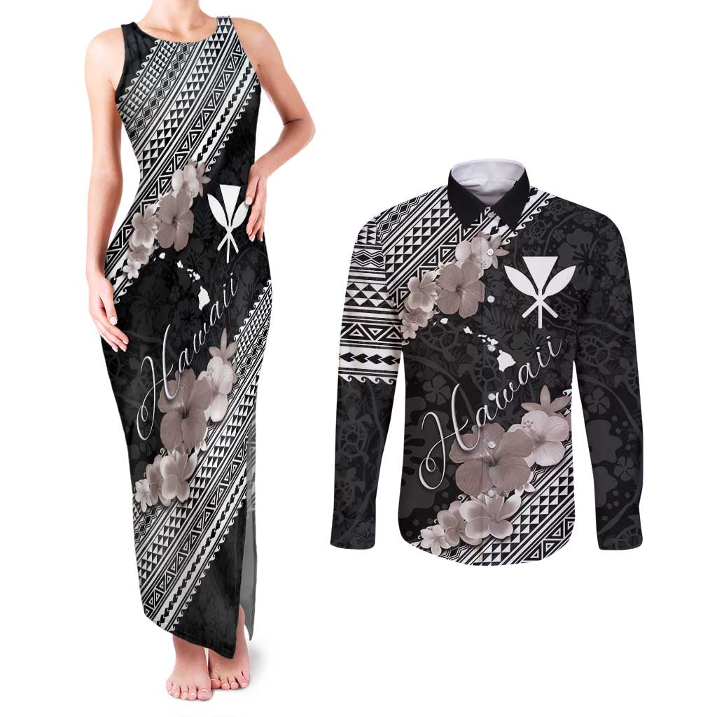 Aloha Hawaii Hibiscus and Plumeria Flowers Couples Matching Tank Maxi Dress and Long Sleeve Button Shirt Kanaka Maoli Tattoo Polynesian Pattern Gray Color LT03 Black - Polynesian Pride