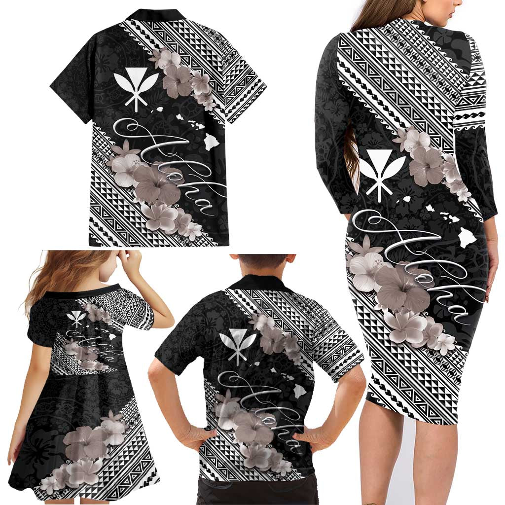 Aloha Hawaii Hibiscus and Plumeria Flowers Family Matching Long Sleeve Bodycon Dress and Hawaiian Shirt Kanaka Maoli Tattoo Polynesian Pattern Gray Color LT03 - Polynesian Pride