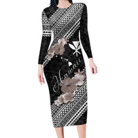 Aloha Hawaii Hibiscus and Plumeria Flowers Family Matching Long Sleeve Bodycon Dress and Hawaiian Shirt Kanaka Maoli Tattoo Polynesian Pattern Gray Color LT03 Mom's Dress Black - Polynesian Pride