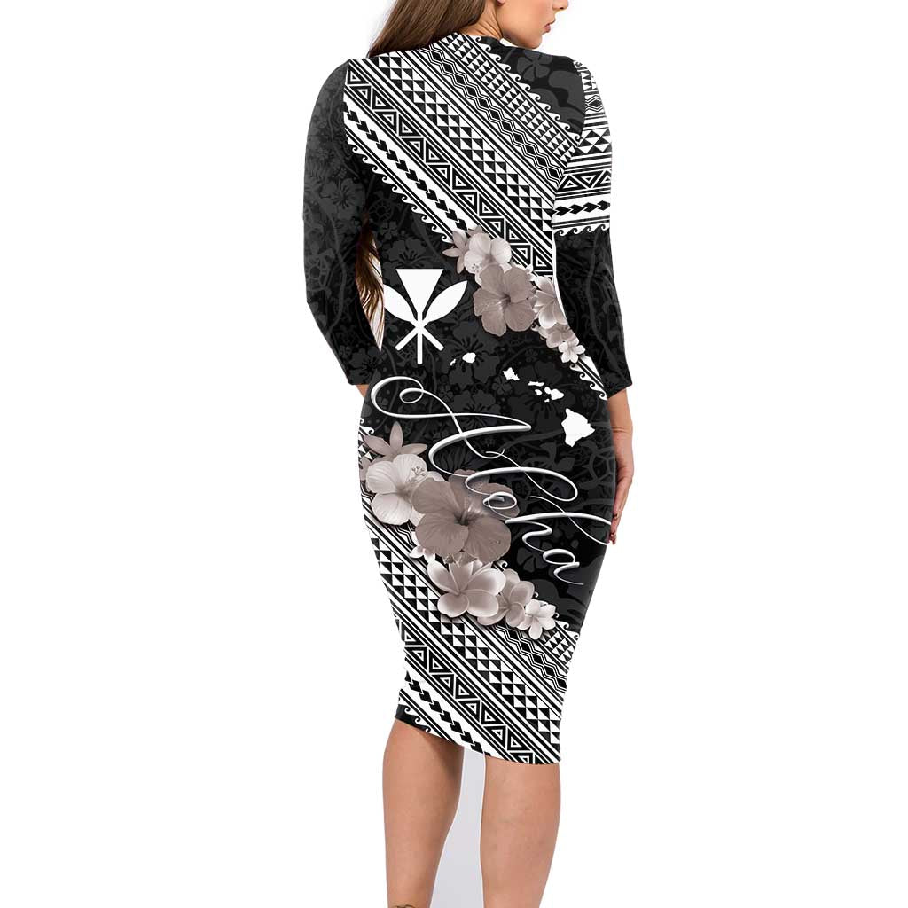 Aloha Hawaii Hibiscus and Plumeria Flowers Family Matching Long Sleeve Bodycon Dress and Hawaiian Shirt Kanaka Maoli Tattoo Polynesian Pattern Gray Color LT03 - Polynesian Pride