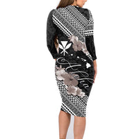Aloha Hawaii Hibiscus and Plumeria Flowers Family Matching Long Sleeve Bodycon Dress and Hawaiian Shirt Kanaka Maoli Tattoo Polynesian Pattern Gray Color LT03 - Polynesian Pride