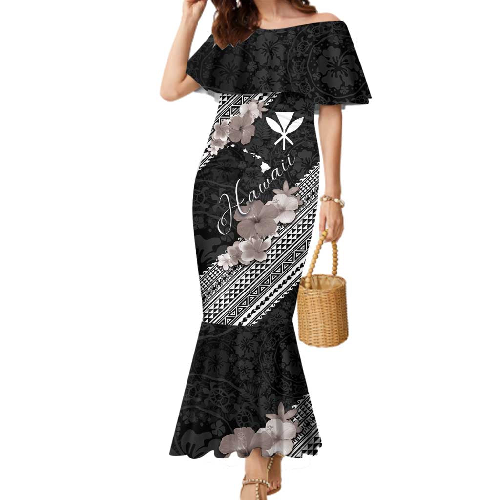 Aloha Hawaii Hibiscus and Plumeria Flowers Family Matching Mermaid Dress and Hawaiian Shirt Kanaka Maoli Tattoo Polynesian Pattern Gray Color LT03 Mom's Dress Black - Polynesian Pride