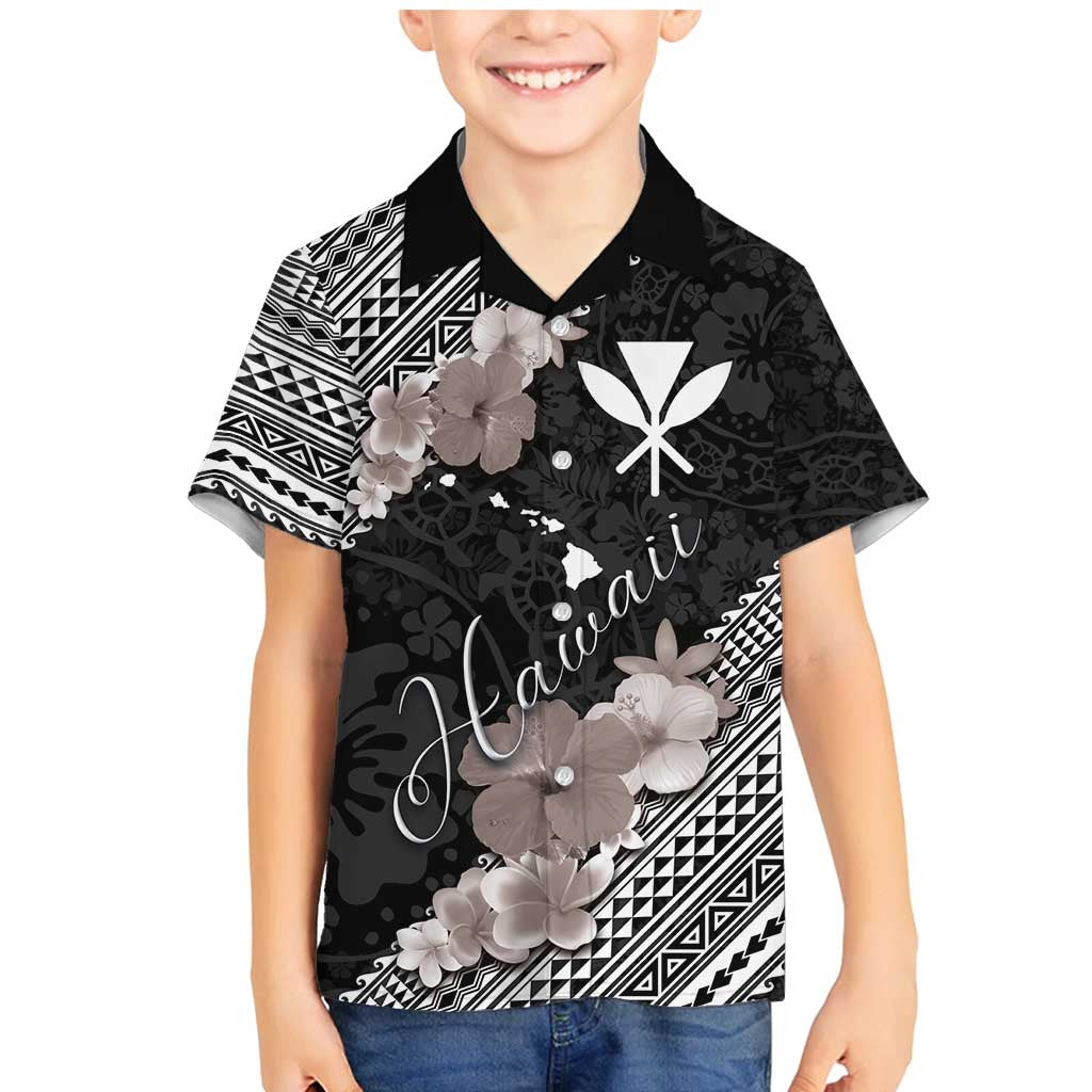 Aloha Hawaii Hibiscus and Plumeria Flowers Family Matching Mermaid Dress and Hawaiian Shirt Kanaka Maoli Tattoo Polynesian Pattern Gray Color LT03 Son's Shirt Black - Polynesian Pride