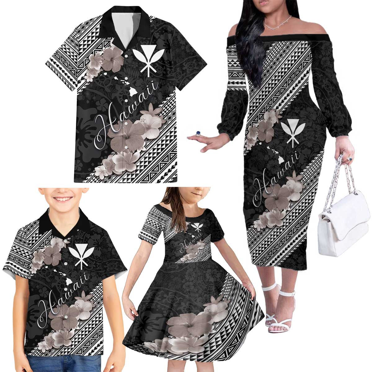 Aloha Hawaii Hibiscus and Plumeria Flowers Family Matching Off The Shoulder Long Sleeve Dress and Hawaiian Shirt Kanaka Maoli Tattoo Polynesian Pattern Gray Color LT03 - Polynesian Pride