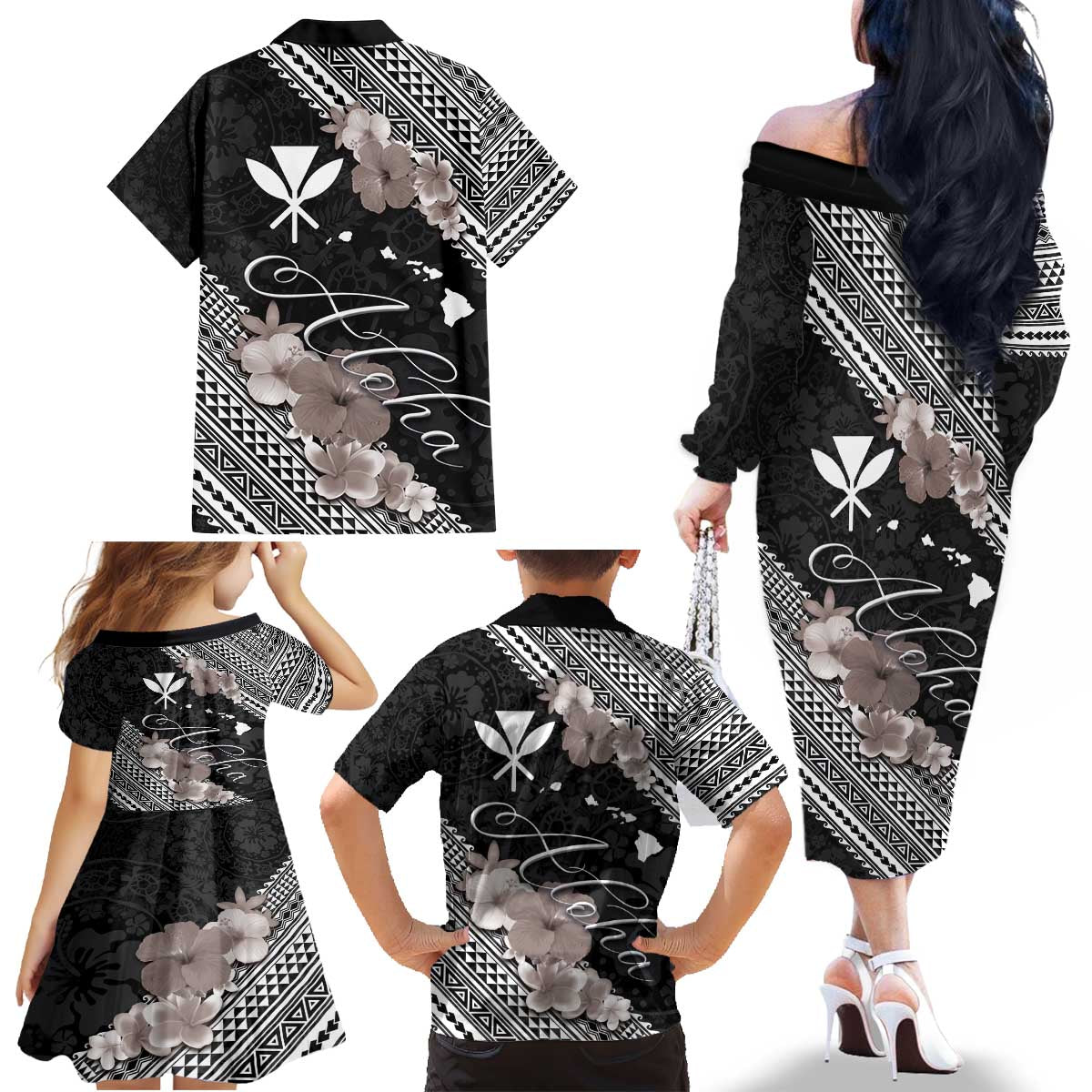 Aloha Hawaii Hibiscus and Plumeria Flowers Family Matching Off The Shoulder Long Sleeve Dress and Hawaiian Shirt Kanaka Maoli Tattoo Polynesian Pattern Gray Color LT03 - Polynesian Pride