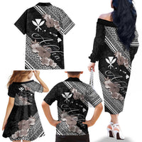 Aloha Hawaii Hibiscus and Plumeria Flowers Family Matching Off The Shoulder Long Sleeve Dress and Hawaiian Shirt Kanaka Maoli Tattoo Polynesian Pattern Gray Color LT03 - Polynesian Pride