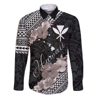 Aloha Hawaii Hibiscus and Plumeria Flowers Family Matching Off The Shoulder Long Sleeve Dress and Hawaiian Shirt Kanaka Maoli Tattoo Polynesian Pattern Gray Color LT03 Dad's Shirt - Long Sleeve Black - Polynesian Pride