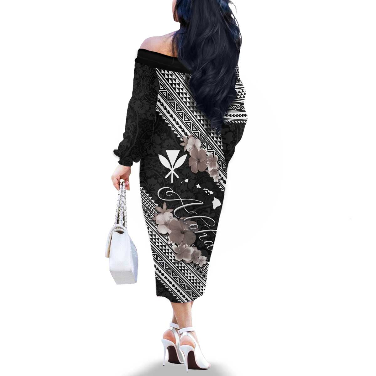 Aloha Hawaii Hibiscus and Plumeria Flowers Family Matching Off The Shoulder Long Sleeve Dress and Hawaiian Shirt Kanaka Maoli Tattoo Polynesian Pattern Gray Color LT03 - Polynesian Pride