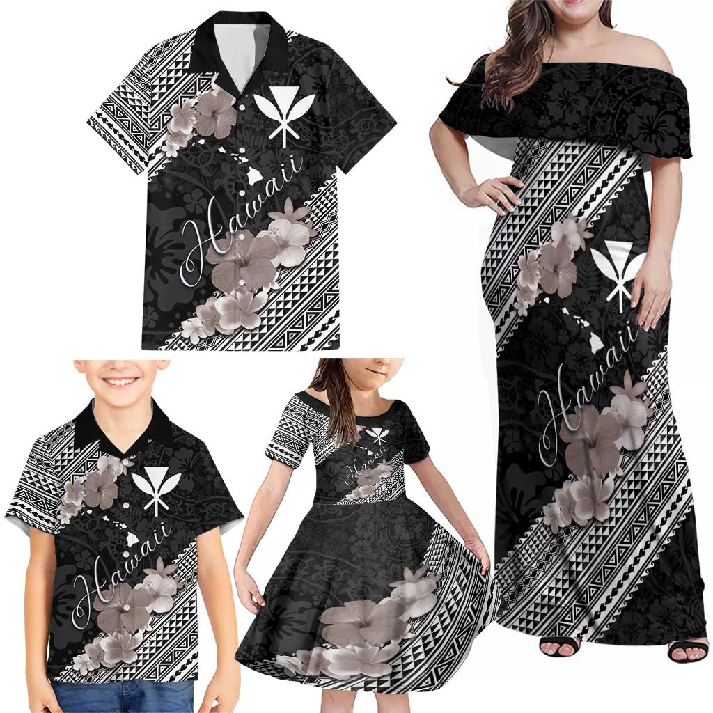 Aloha Hawaii Hibiscus and Plumeria Flowers Family Matching Off Shoulder Maxi Dress and Hawaiian Shirt Kanaka Maoli Tattoo Polynesian Pattern Gray Color LT03 - Polynesian Pride