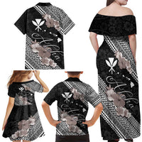 Aloha Hawaii Hibiscus and Plumeria Flowers Family Matching Off Shoulder Maxi Dress and Hawaiian Shirt Kanaka Maoli Tattoo Polynesian Pattern Gray Color LT03 - Polynesian Pride