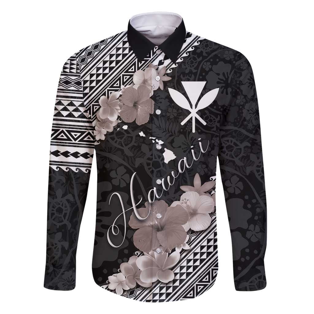 Aloha Hawaii Hibiscus and Plumeria Flowers Family Matching Off Shoulder Maxi Dress and Hawaiian Shirt Kanaka Maoli Tattoo Polynesian Pattern Gray Color LT03 Dad's Shirt - Long Sleeve Black - Polynesian Pride