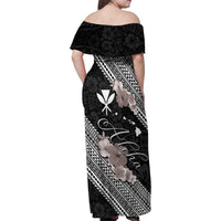 Aloha Hawaii Hibiscus and Plumeria Flowers Family Matching Off Shoulder Maxi Dress and Hawaiian Shirt Kanaka Maoli Tattoo Polynesian Pattern Gray Color LT03 - Polynesian Pride