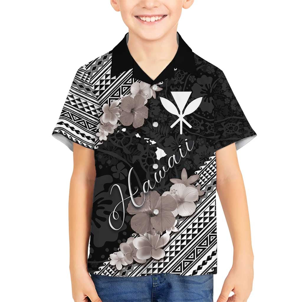 Aloha Hawaii Hibiscus and Plumeria Flowers Family Matching Off Shoulder Maxi Dress and Hawaiian Shirt Kanaka Maoli Tattoo Polynesian Pattern Gray Color LT03 Son's Shirt Black - Polynesian Pride