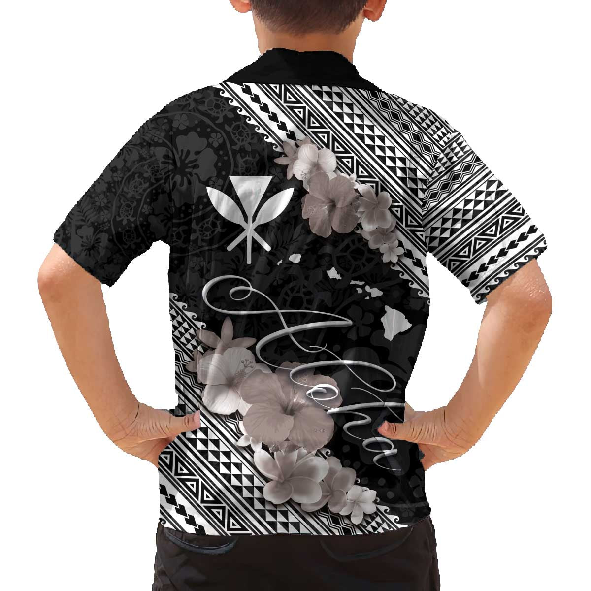 Aloha Hawaii Hibiscus and Plumeria Flowers Family Matching Off Shoulder Short Dress and Hawaiian Shirt Kanaka Maoli Tattoo Polynesian Pattern Gray Color LT03 - Polynesian Pride