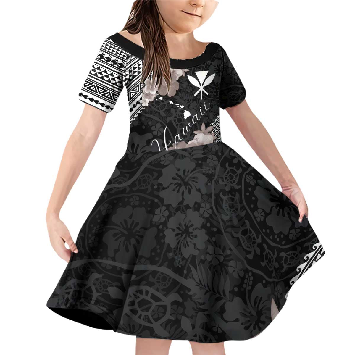 Aloha Hawaii Hibiscus and Plumeria Flowers Family Matching Off Shoulder Short Dress and Hawaiian Shirt Kanaka Maoli Tattoo Polynesian Pattern Gray Color LT03 Daughter's Dress Black - Polynesian Pride