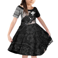 Aloha Hawaii Hibiscus and Plumeria Flowers Family Matching Off Shoulder Short Dress and Hawaiian Shirt Kanaka Maoli Tattoo Polynesian Pattern Gray Color LT03 Daughter's Dress Black - Polynesian Pride