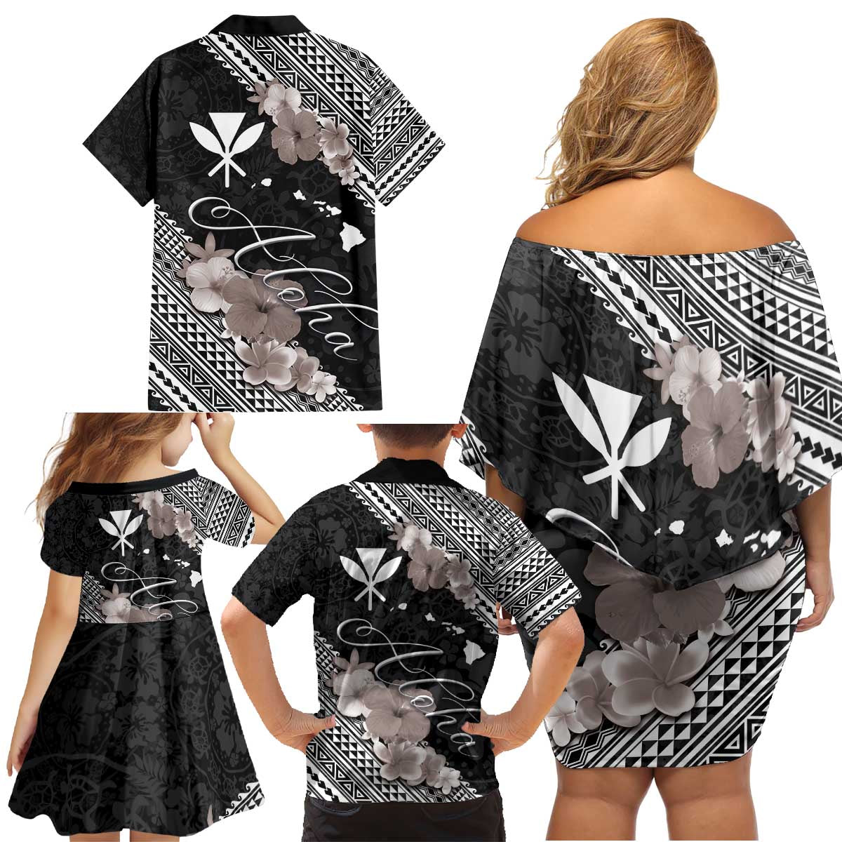 Aloha Hawaii Hibiscus and Plumeria Flowers Family Matching Off Shoulder Short Dress and Hawaiian Shirt Kanaka Maoli Tattoo Polynesian Pattern Gray Color LT03 - Polynesian Pride